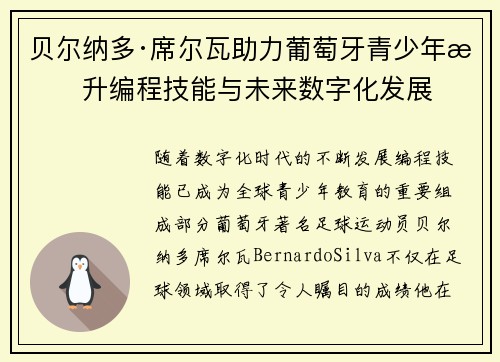 贝尔纳多·席尔瓦助力葡萄牙青少年提升编程技能与未来数字化发展