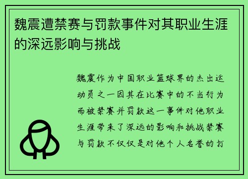 魏震遭禁赛与罚款事件对其职业生涯的深远影响与挑战