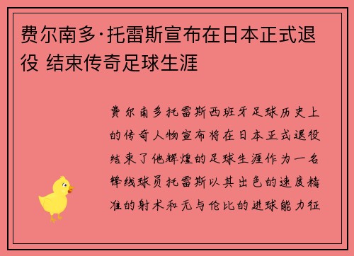 费尔南多·托雷斯宣布在日本正式退役 结束传奇足球生涯